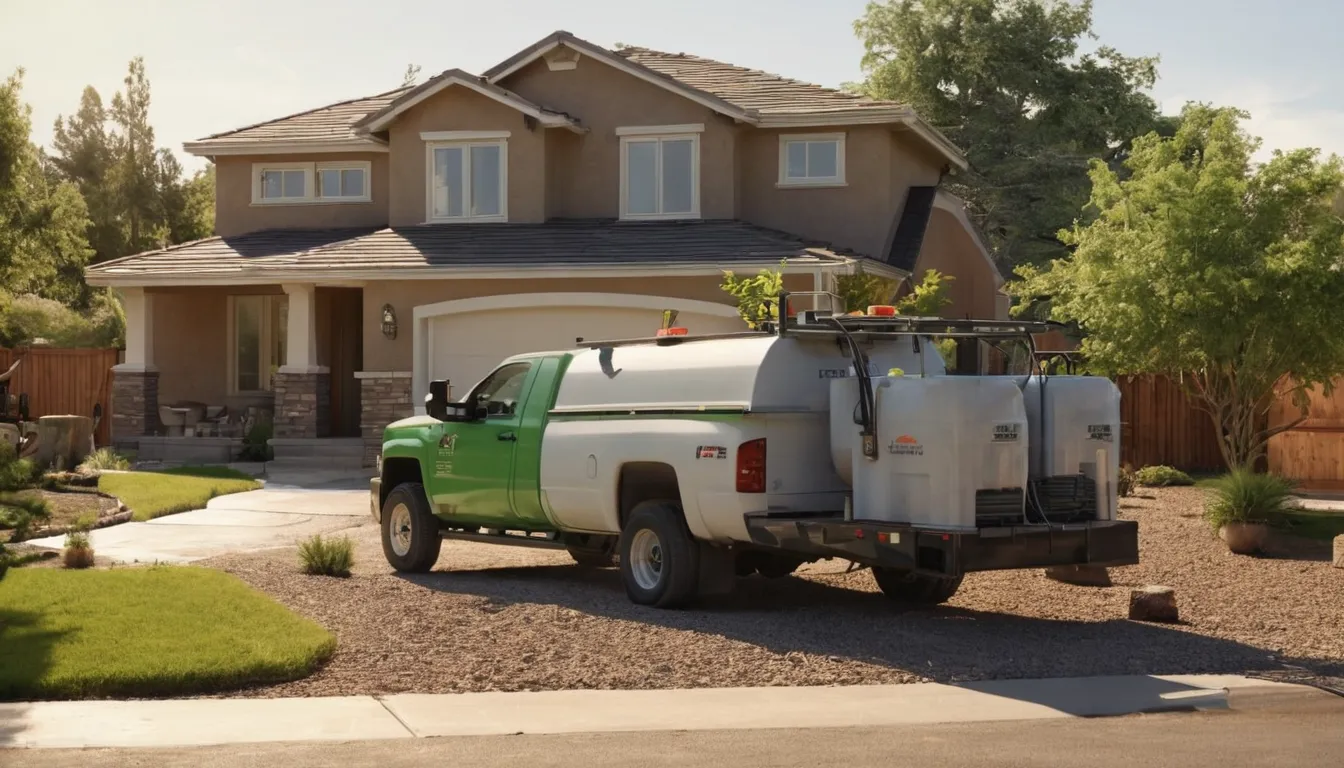 A septic service truck parked outside a stucco ranch home near Pasadena